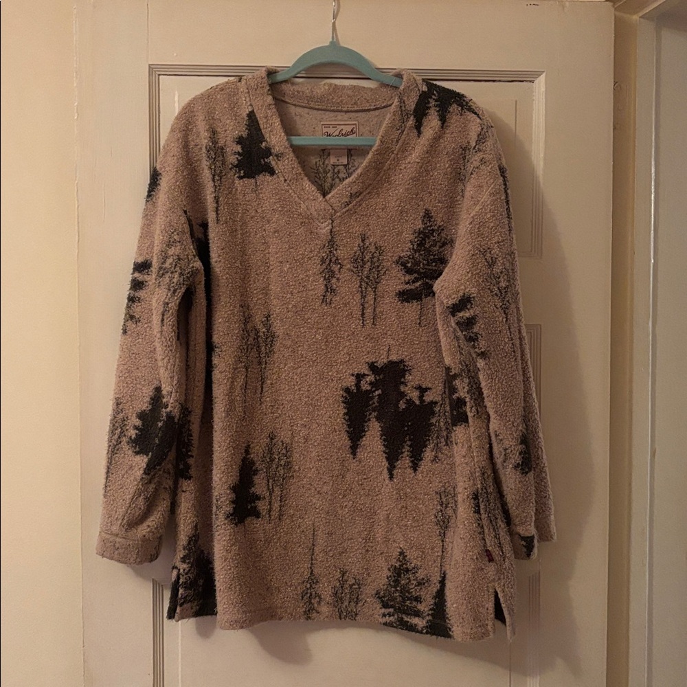Vintage Woolrich V-Neck Pullover Sweater Beige Green Tree Print Womens Medium